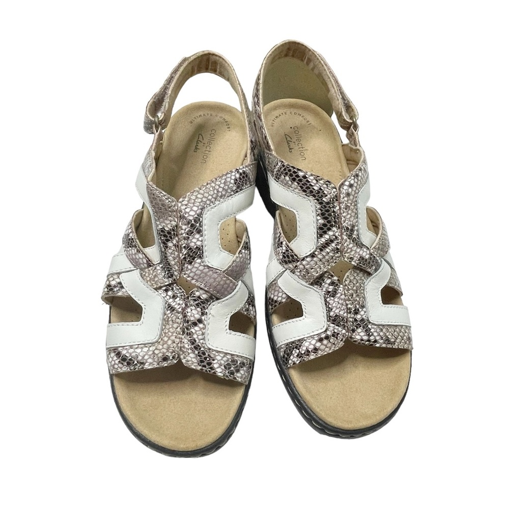 Clarks Womens White and Metallic Snake-Print Slingback Sandals